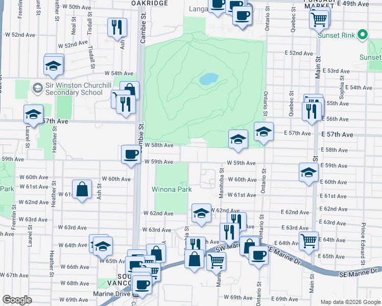 map of restaurants, bars, coffee shops, grocery stores, and more near in Vancouver