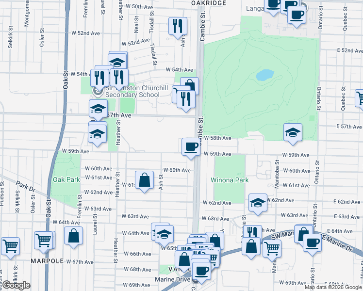 map of restaurants, bars, coffee shops, grocery stores, and more near 7418 Paulson Street in Vancouver