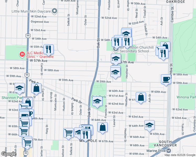 map of restaurants, bars, coffee shops, grocery stores, and more near in Vancouver