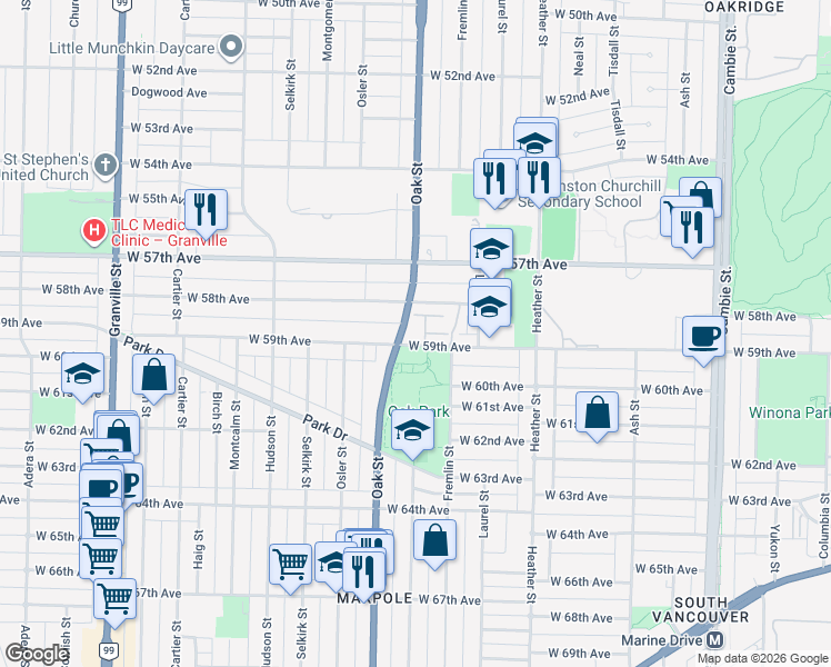 map of restaurants, bars, coffee shops, grocery stores, and more near in Vancouver