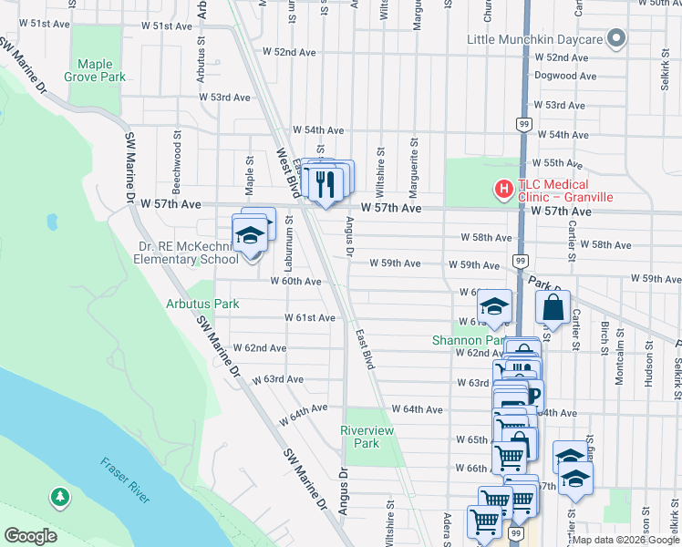 map of restaurants, bars, coffee shops, grocery stores, and more near 7561 Angus Drive in Vancouver