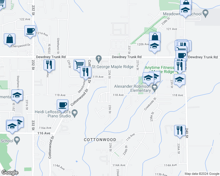 map of restaurants, bars, coffee shops, grocery stores, and more near 61 236 Street in Maple Ridge