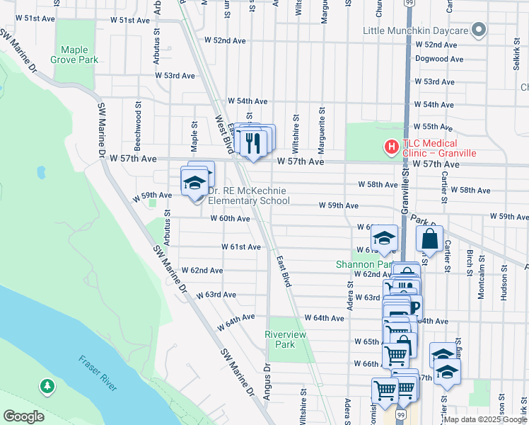 map of restaurants, bars, coffee shops, grocery stores, and more near 7561 Angus Drive in Vancouver