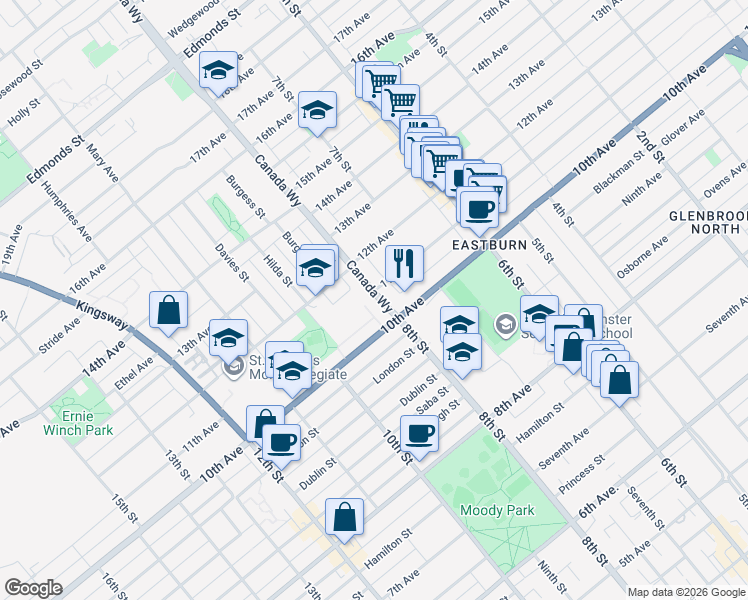 map of restaurants, bars, coffee shops, grocery stores, and more near 7851 Canada Way in Burnaby