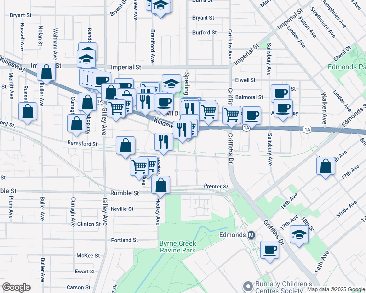 map of restaurants, bars, coffee shops, grocery stores, and more near 6680 Southoaks Crescent in Burnaby