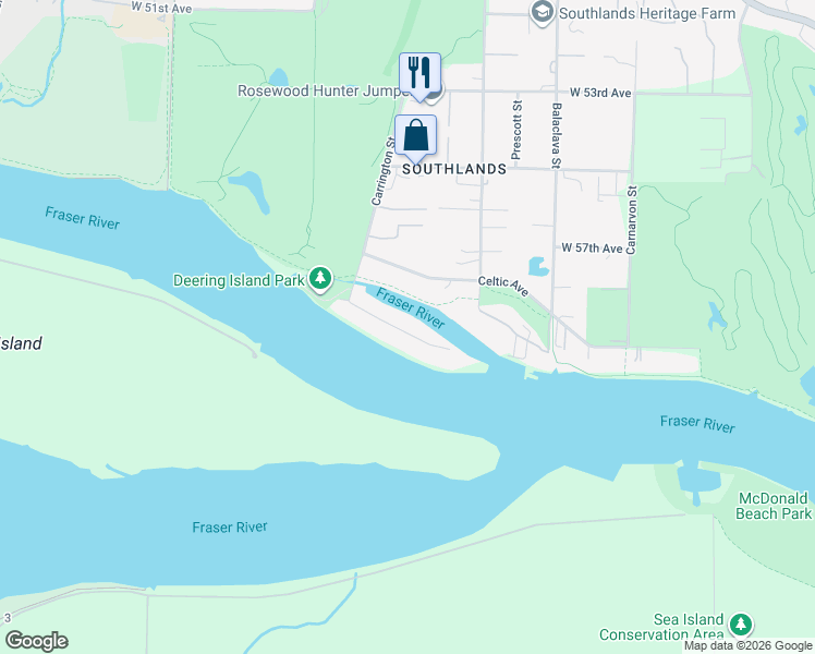 map of restaurants, bars, coffee shops, grocery stores, and more near 3377 Deering Island Place in Vancouver