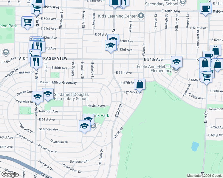 map of restaurants, bars, coffee shops, grocery stores, and more near 7350 Muirfield Drive in Vancouver