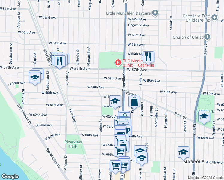 map of restaurants, bars, coffee shops, grocery stores, and more near 1548 West 59th Avenue in Vancouver