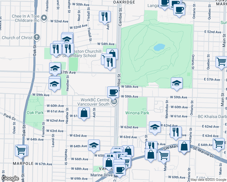 map of restaurants, bars, coffee shops, grocery stores, and more near 7433 Cambie Street in Vancouver