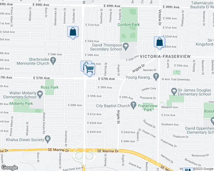 map of restaurants, bars, coffee shops, grocery stores, and more near 1613 East 58th Avenue in Vancouver
