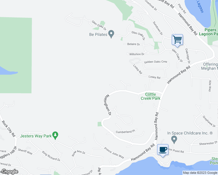 map of restaurants, bars, coffee shops, grocery stores, and more near 104 Bray Road in Nanaimo