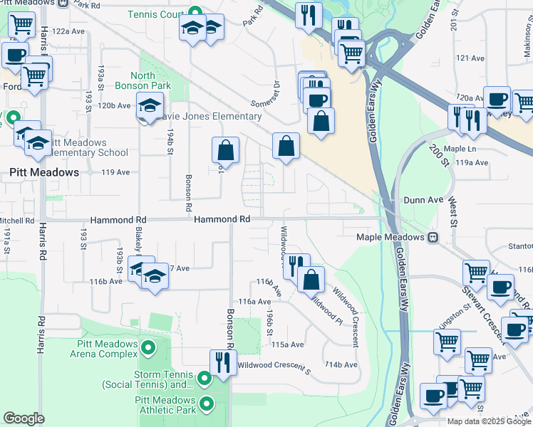 map of restaurants, bars, coffee shops, grocery stores, and more near 11812 Ponderosa Boulevard in Pitt Meadows