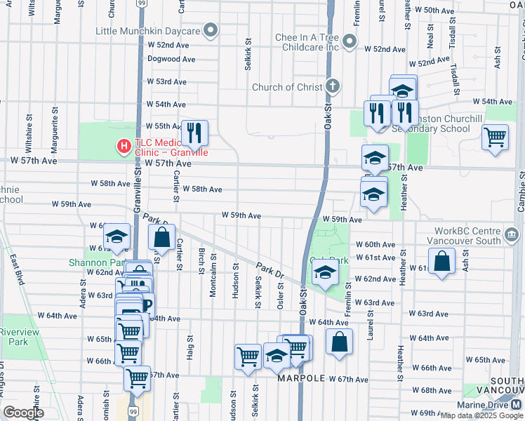 map of restaurants, bars, coffee shops, grocery stores, and more near 1207 West 59th Avenue in Vancouver