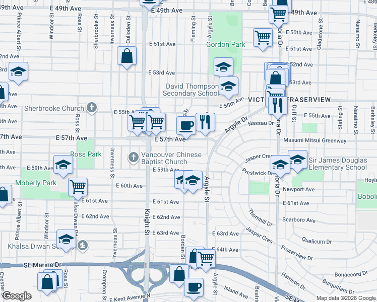 map of restaurants, bars, coffee shops, grocery stores, and more near 1612 East 57th Avenue in Vancouver