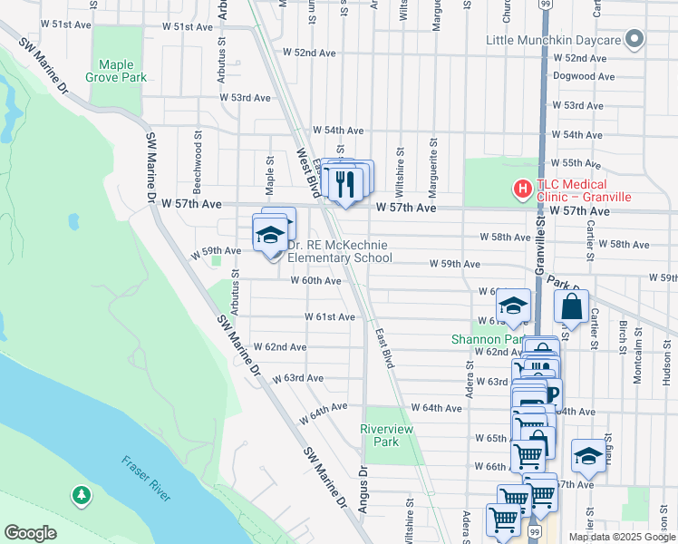 map of restaurants, bars, coffee shops, grocery stores, and more near 7475 West Boulevard in Vancouver