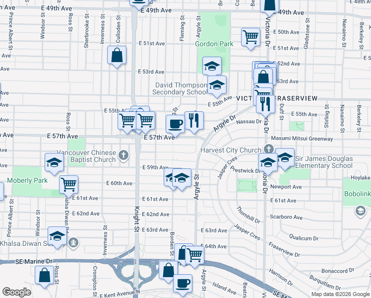 map of restaurants, bars, coffee shops, grocery stores, and more near 1657 East 58th Avenue in Vancouver