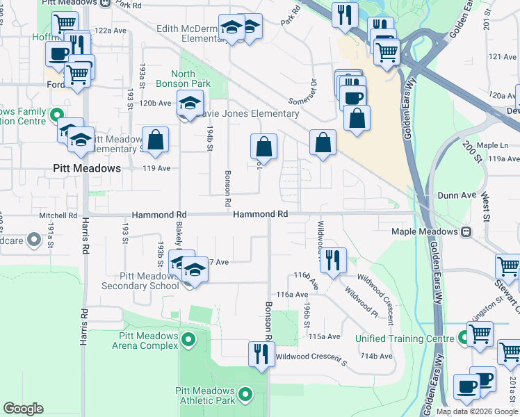 map of restaurants, bars, coffee shops, grocery stores, and more near 19576 118B Avenue in Pitt Meadows