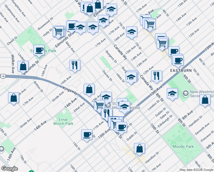 map of restaurants, bars, coffee shops, grocery stores, and more near 7525 13th Avenue in Burnaby
