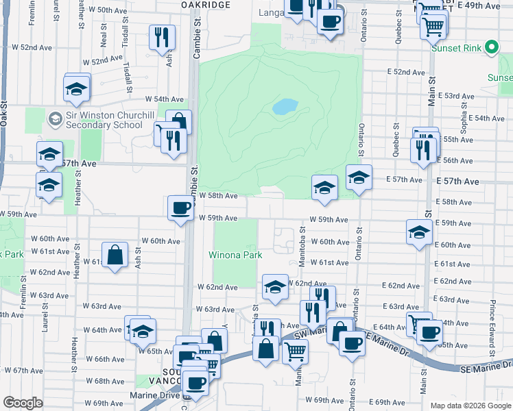 map of restaurants, bars, coffee shops, grocery stores, and more near 375 West 59th Avenue in Vancouver