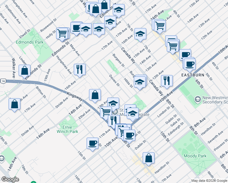 map of restaurants, bars, coffee shops, grocery stores, and more near 7525 13th Avenue in Burnaby