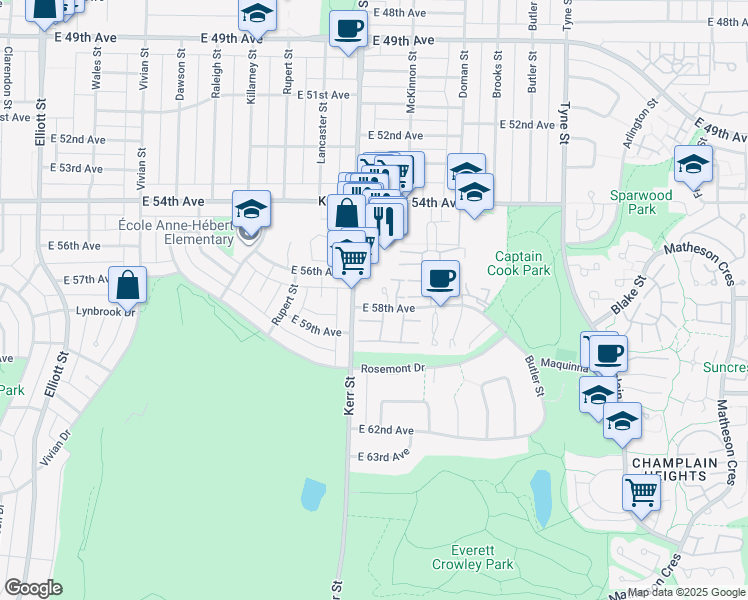 map of restaurants, bars, coffee shops, grocery stores, and more near 3131 East 58th Avenue in Vancouver
