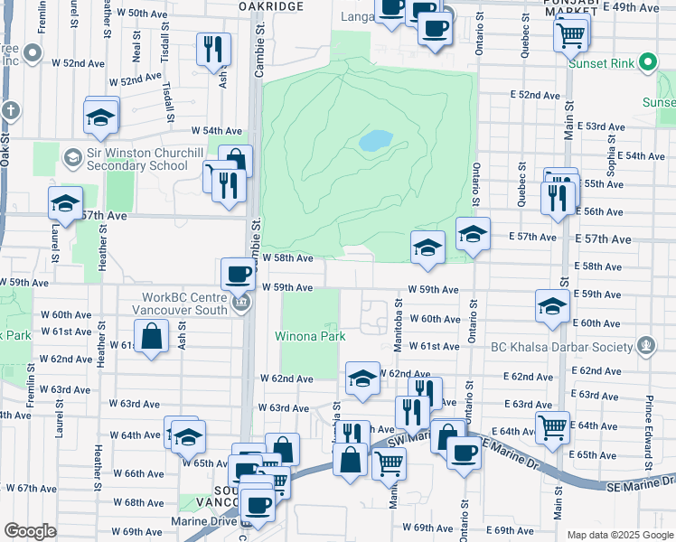 map of restaurants, bars, coffee shops, grocery stores, and more near 375 West 59th Avenue in Vancouver