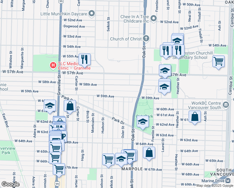 map of restaurants, bars, coffee shops, grocery stores, and more near 1199 West 59th Avenue in Vancouver