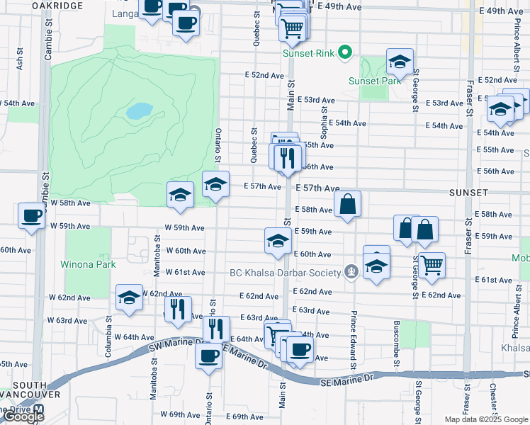 map of restaurants, bars, coffee shops, grocery stores, and more near 142 East 58th Avenue in Vancouver