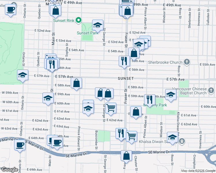 map of restaurants, bars, coffee shops, grocery stores, and more near 557 East 58th Avenue in Vancouver