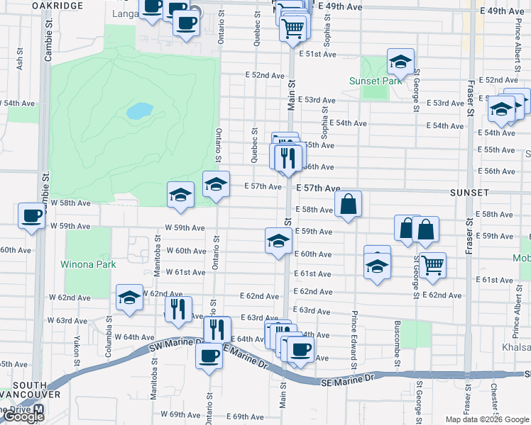 map of restaurants, bars, coffee shops, grocery stores, and more near 142 East 58th Avenue in Vancouver