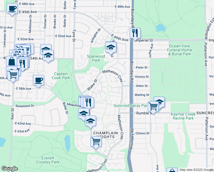 map of restaurants, bars, coffee shops, grocery stores, and more near 7370 Kokanee Place in Vancouver