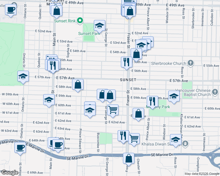 map of restaurants, bars, coffee shops, grocery stores, and more near 557 East 58th Avenue in Vancouver