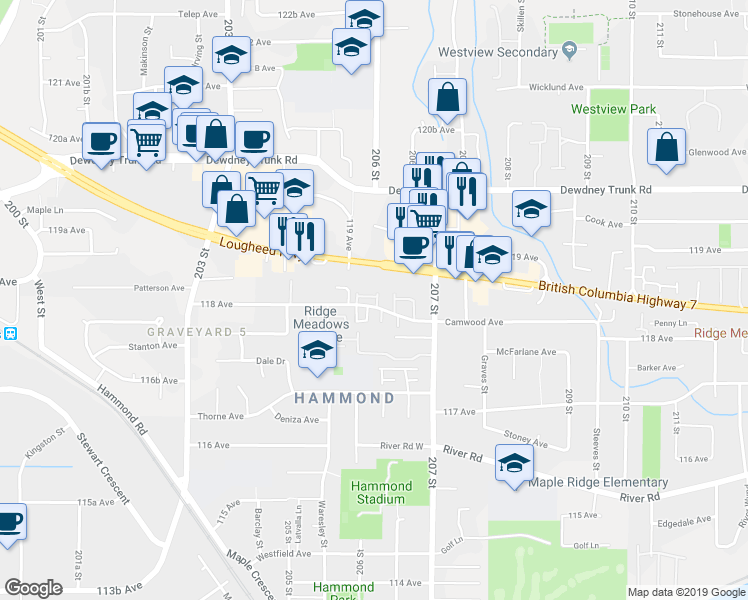 map of restaurants, bars, coffee shops, grocery stores, and more near 20625 118 Avenue in Maple Ridge