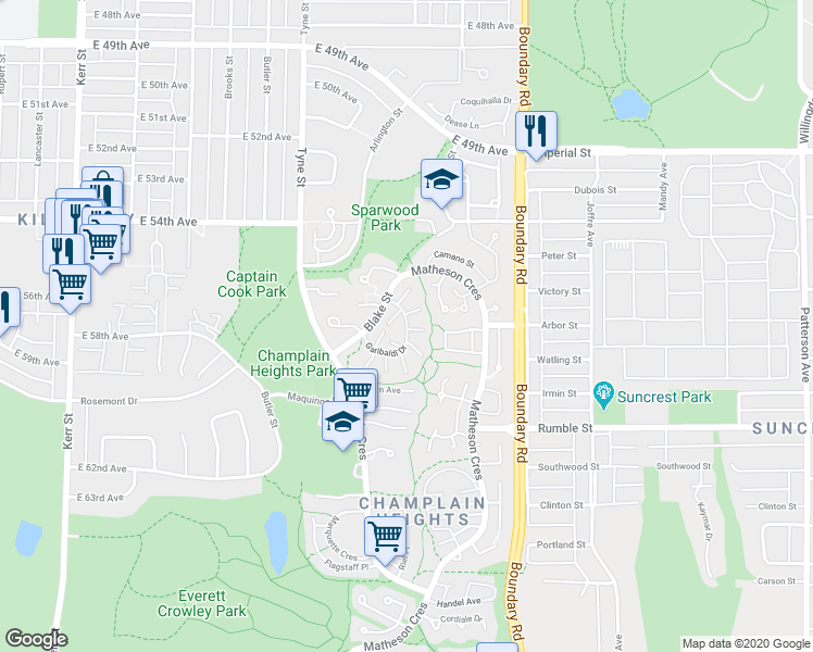 map of restaurants, bars, coffee shops, grocery stores, and more near Garibaldi Drive in Vancouver