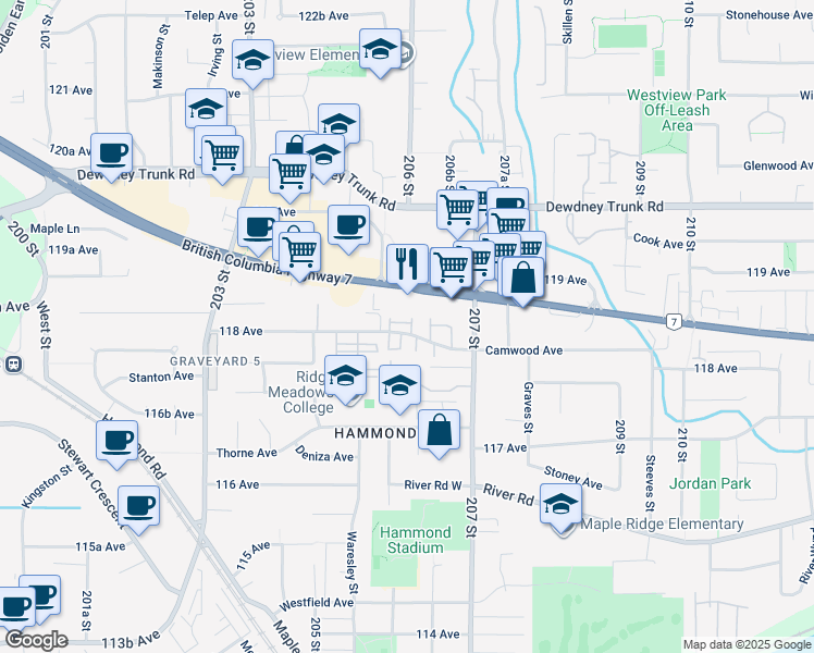 map of restaurants, bars, coffee shops, grocery stores, and more near 20625 118 Avenue in Maple Ridge