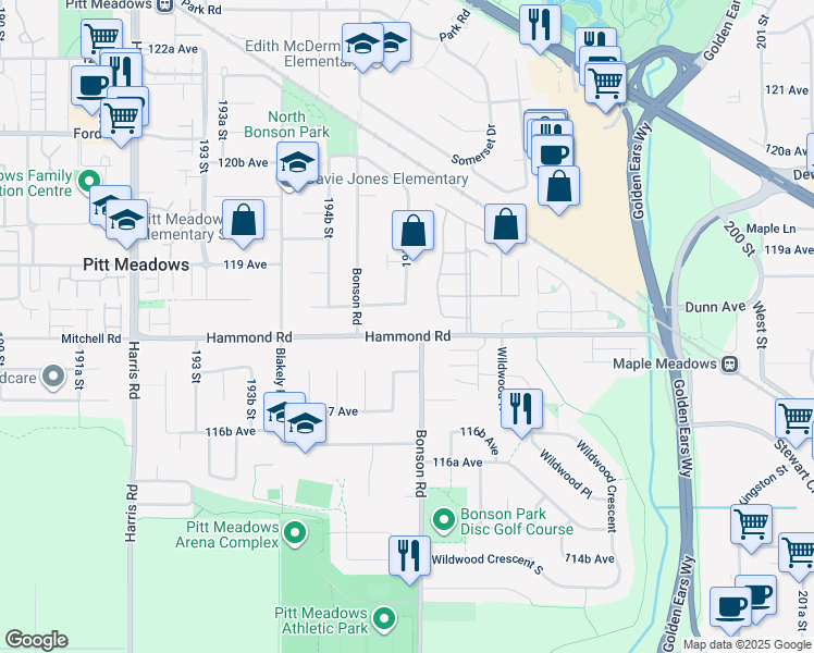 map of restaurants, bars, coffee shops, grocery stores, and more near 19575 Hammond Road in Pitt Meadows