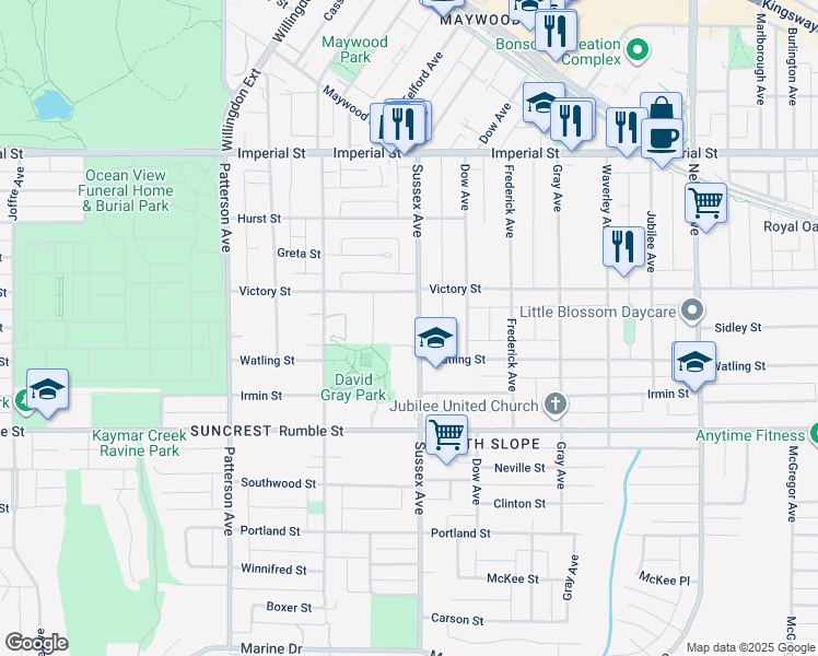 map of restaurants, bars, coffee shops, grocery stores, and more near 7295 Sussex Avenue in Burnaby