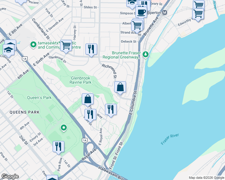 map of restaurants, bars, coffee shops, grocery stores, and more near 58 Richmond Street in New Westminster