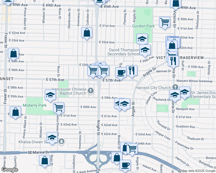 map of restaurants, bars, coffee shops, grocery stores, and more near 1495 East 58th Avenue in Vancouver