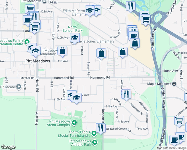 map of restaurants, bars, coffee shops, grocery stores, and more near 19537 Hammond Road in Pitt Meadows