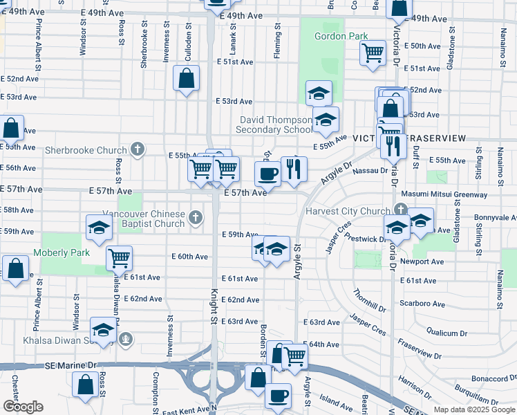 map of restaurants, bars, coffee shops, grocery stores, and more near 1577 East 58th Avenue in Vancouver