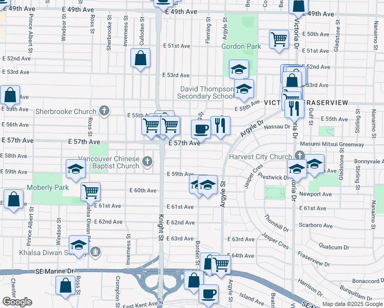 map of restaurants, bars, coffee shops, grocery stores, and more near 1563 East 58th Avenue in Vancouver