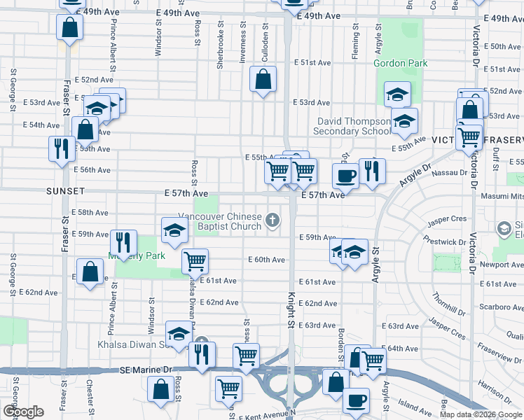 map of restaurants, bars, coffee shops, grocery stores, and more near 7373 Culloden Street in Vancouver