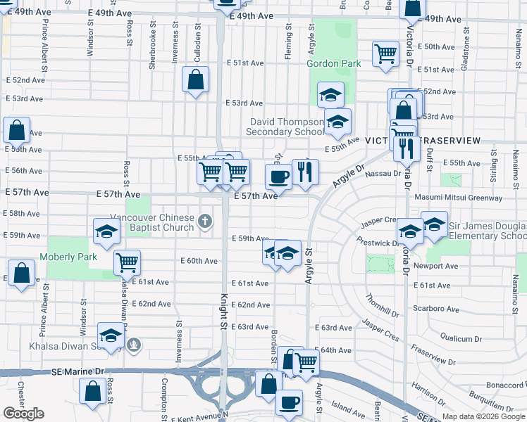 map of restaurants, bars, coffee shops, grocery stores, and more near 1545 East 58th Avenue in Vancouver