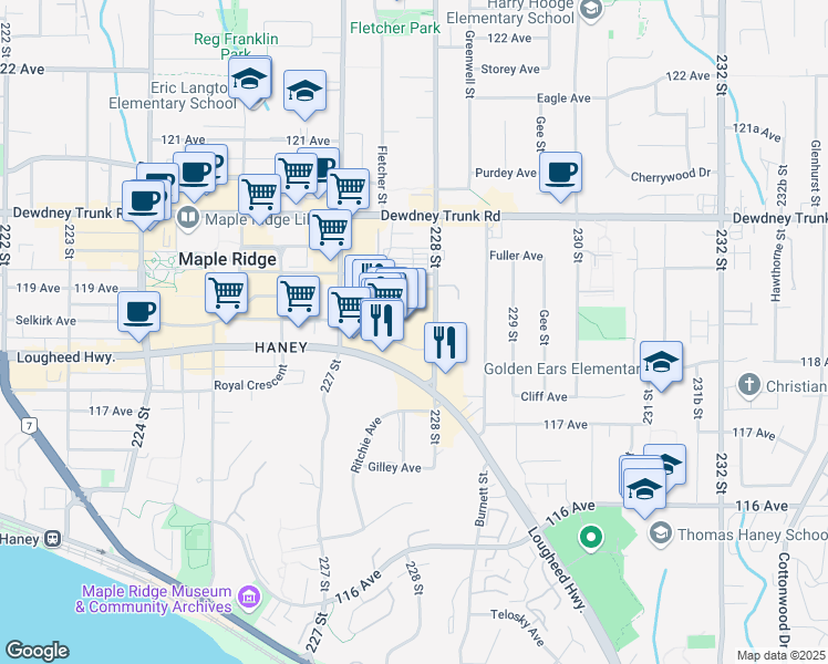 map of restaurants, bars, coffee shops, grocery stores, and more near 22709 Lougheed Highway in Maple Ridge