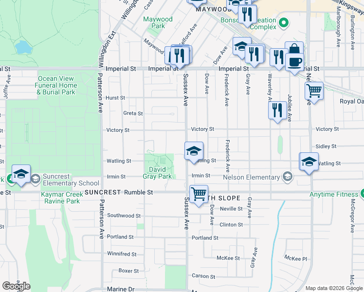 map of restaurants, bars, coffee shops, grocery stores, and more near 7295 Sussex Avenue in Burnaby