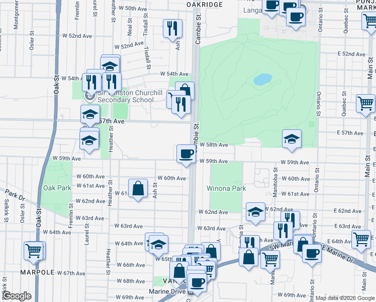 map of restaurants, bars, coffee shops, grocery stores, and more near 7433 Cambie Street in Vancouver