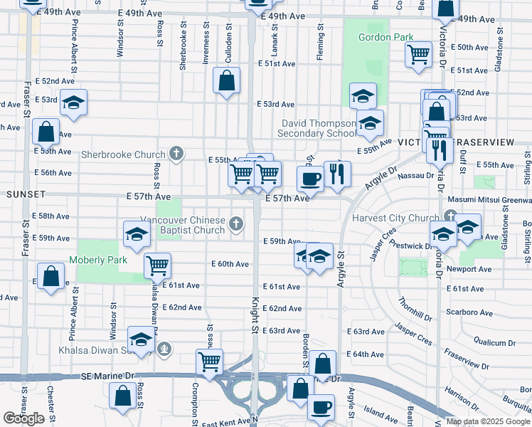 map of restaurants, bars, coffee shops, grocery stores, and more near 1437 East 58th Avenue in Vancouver