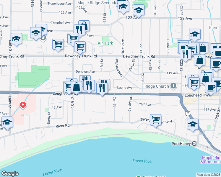 map of restaurants, bars, coffee shops, grocery stores, and more near 11829 218 Street in Maple Ridge