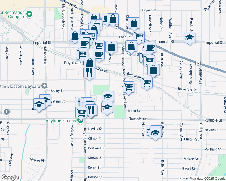 map of restaurants, bars, coffee shops, grocery stores, and more near 7326 Antrim Avenue in Burnaby